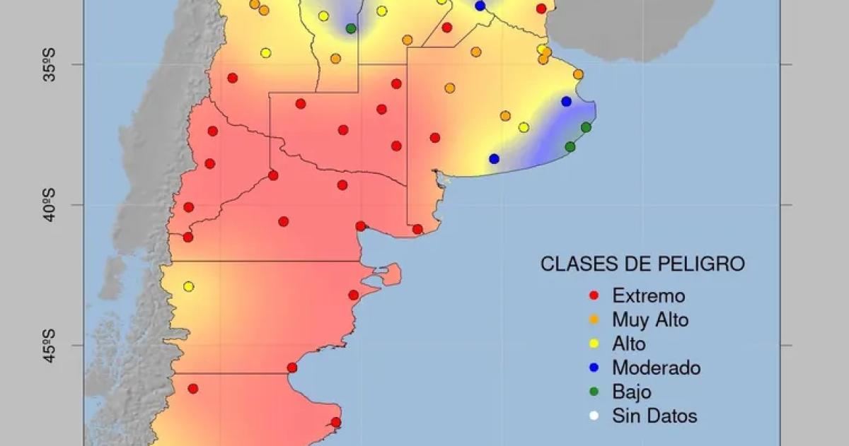 El mapa de la Región Patagopnia y el alerta extremo por incendios