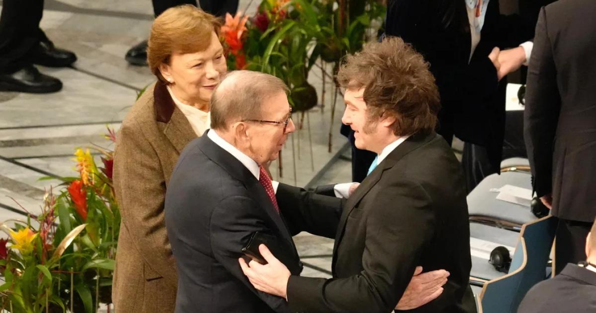 Javier Milei durante la ceremonia de entrega del Nobel de la Paz a Corina Machado