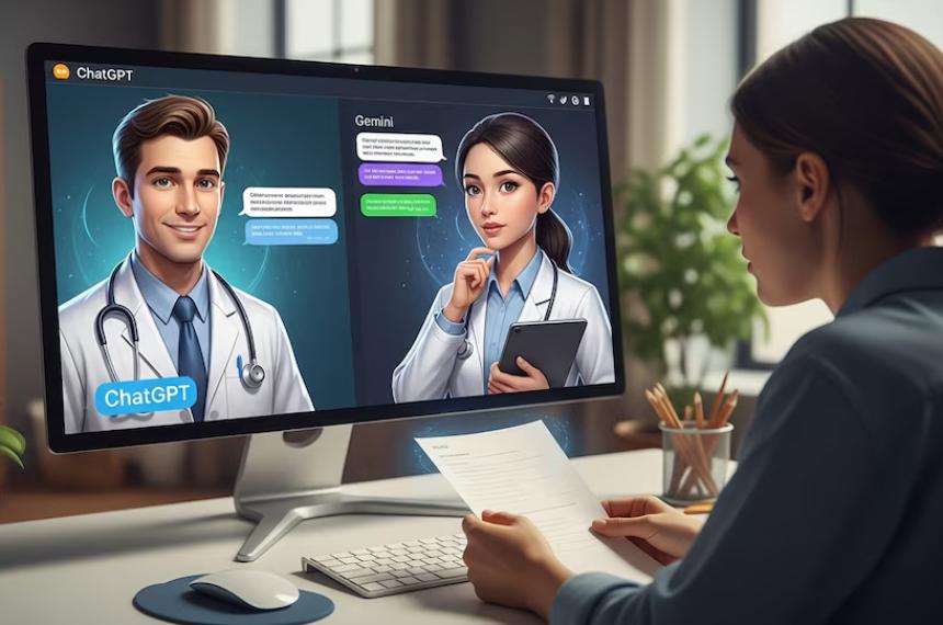 Una profesional de la salud interact�a desde su escritorio con dos asistentes médicos virtuales impulsados por inteligencia artificial ilustrados en pantalla como médicos virtuales de plataforma ChatGPT y Gemini