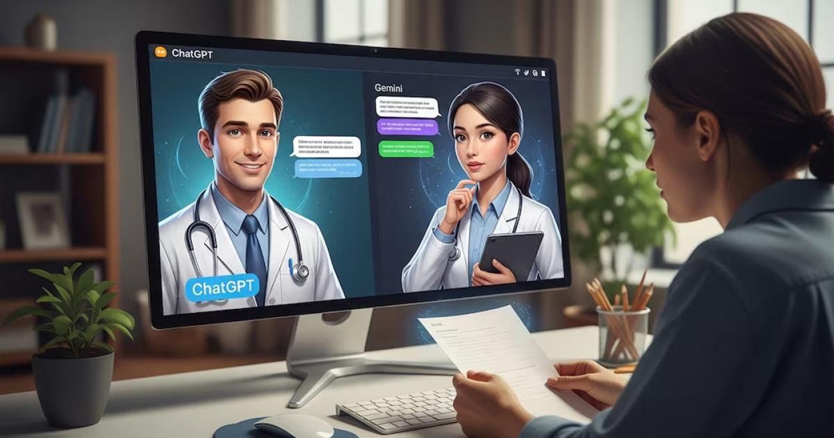 Una profesional de la salud interact�a desde su escritorio con dos asistentes médicos virtuales impulsados por inteligencia artificial ilustrados en pantalla como médicos virtuales de plataforma ChatGPT y Gemini