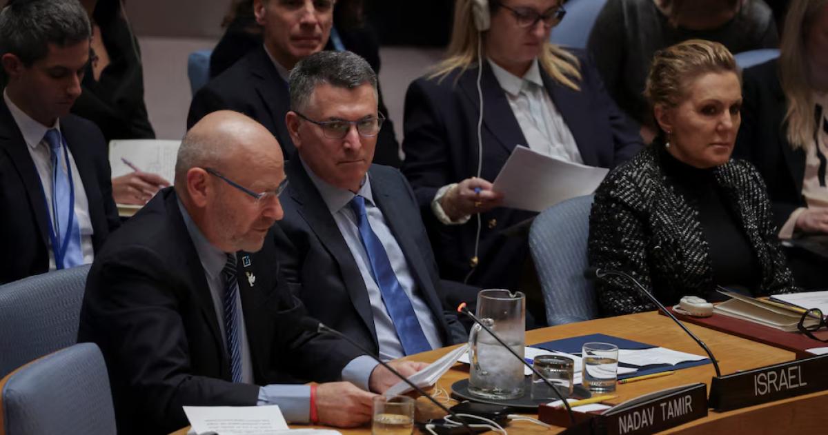 Gideon Saar canciller de Israel durante su exposición en la ONU