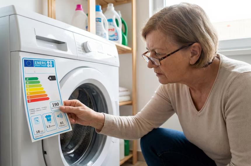 Una persona observa detenidamente la etiqueta de eficiencia energética en su lavadora en casa
