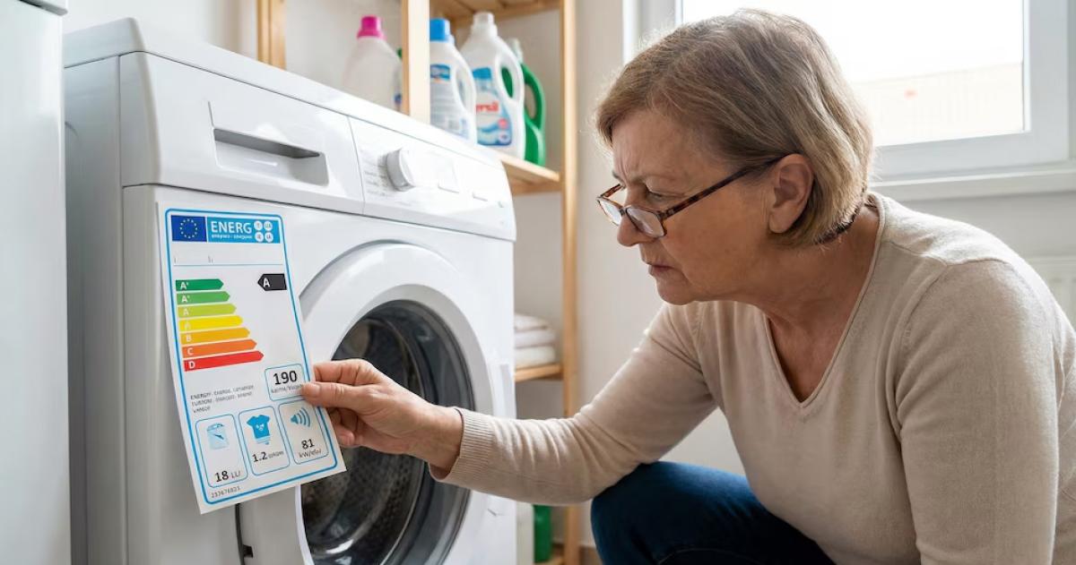 Una persona observa detenidamente la etiqueta de eficiencia energética en su lavadora en casa