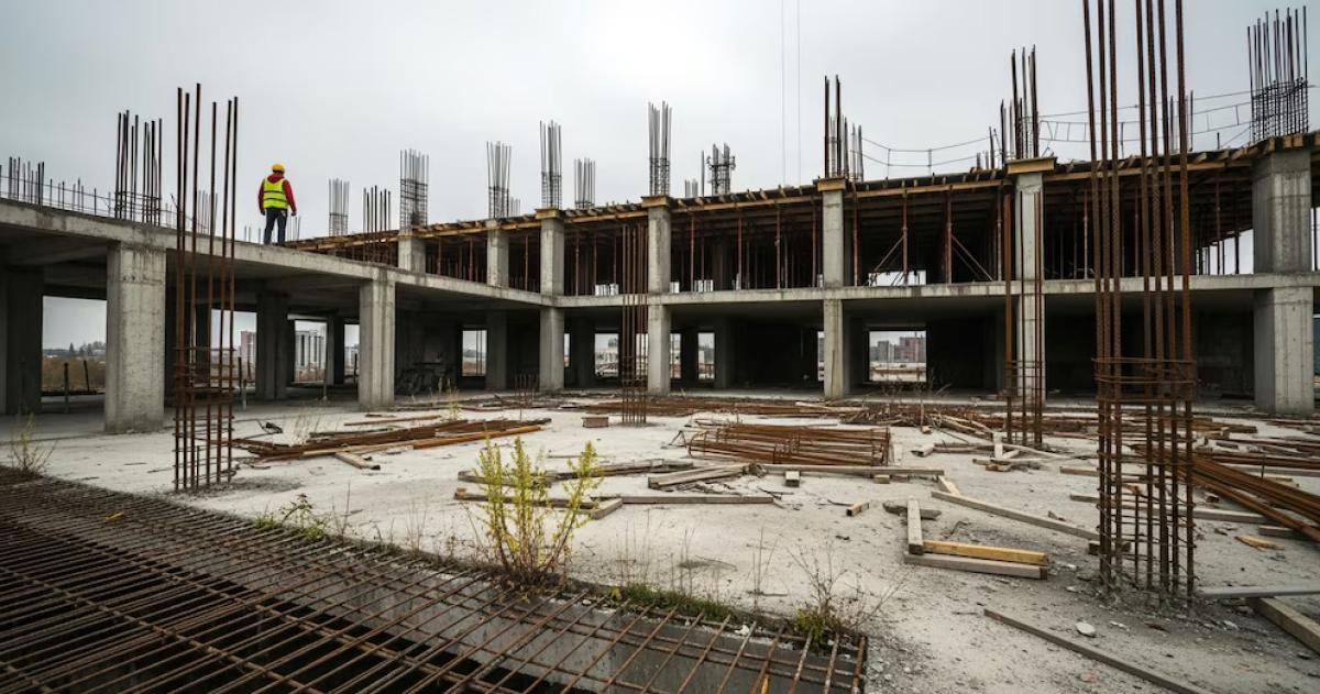 Un solitario trabajador con casco y chaleco reflectante inspecciona la estructura de un edificio de hormigón en una obra de construcción que muestra signos de abandono