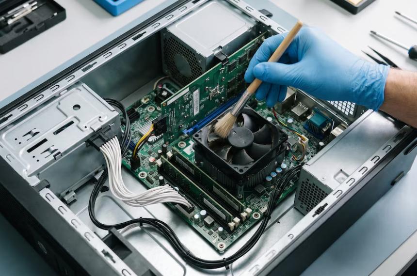 Un técnico con guante de l�tex azul utiliza una brocha para limpiar el polvo acumulado en el ventilador de una computadora de escritorio abierta durante un proceso de mantenimiento preventivo y profesional
