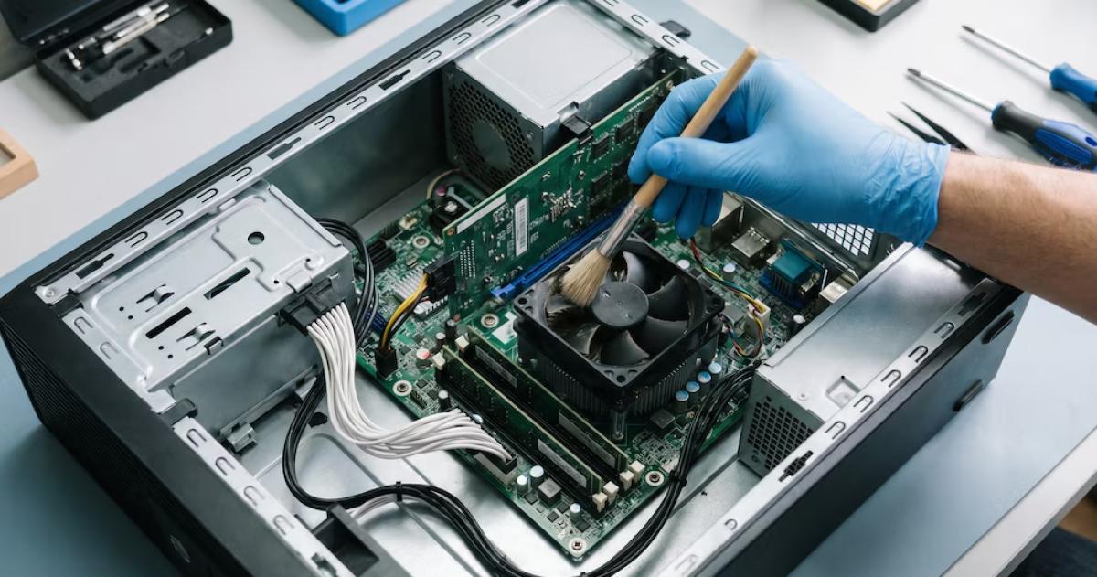 Un técnico con guante de l�tex azul utiliza una brocha para limpiar el polvo acumulado en el ventilador de una computadora de escritorio abierta durante un proceso de mantenimiento preventivo y profesional