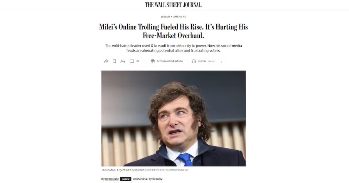 Javier Milei presidente de Argentina aparece en un facsímil de la nota del Wall Street Journal que discute cómo su actividad en línea afecta su agenda de libre mercado
