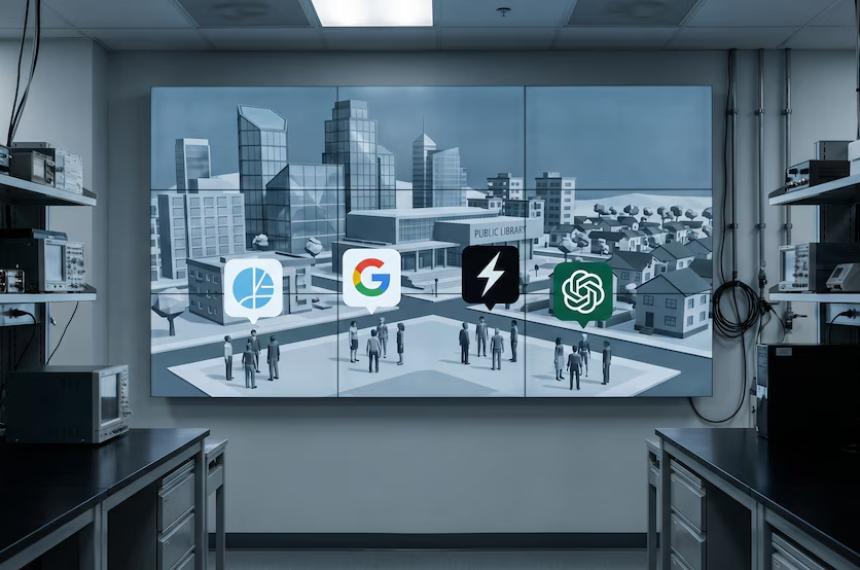 Una pantalla digital en un laboratorio muestra un mundo virtual con edificios modernos y figuras genéricas destacando los logotipos de Claude Gemini Grok y ChatGPT como líderes de la inteligencia artificial