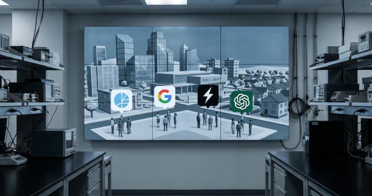 Una pantalla digital en un laboratorio muestra un mundo virtual con edificios modernos y figuras genéricas destacando los logotipos de Claude Gemini Grok y ChatGPT como líderes de la inteligencia artificial