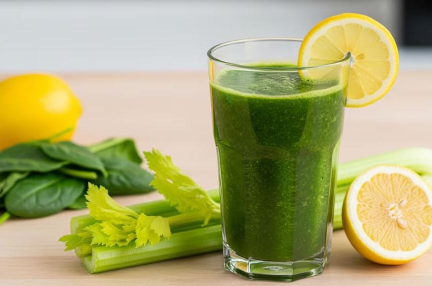 El jugo verde elaborado con espinaca apio limón y otros vegetales frescos aporta antioxidantes vitaminas y fibra que pueden contribuir al funcionamiento normal del hígado y favorecer la digestión