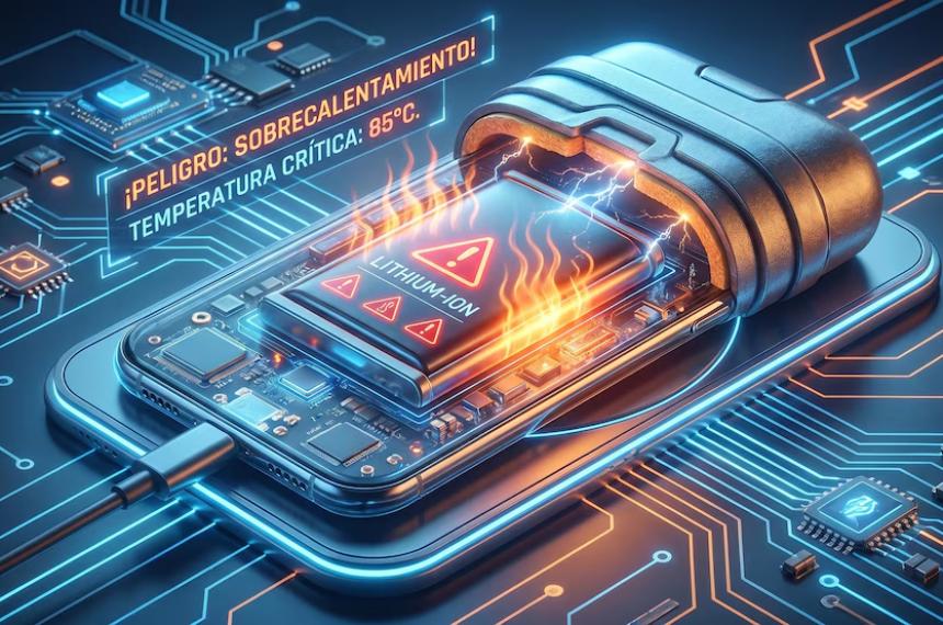 Una batería de ion de litio dentro de un celular sobrecalent�ndose peligrosamente a 85°C durante la carga