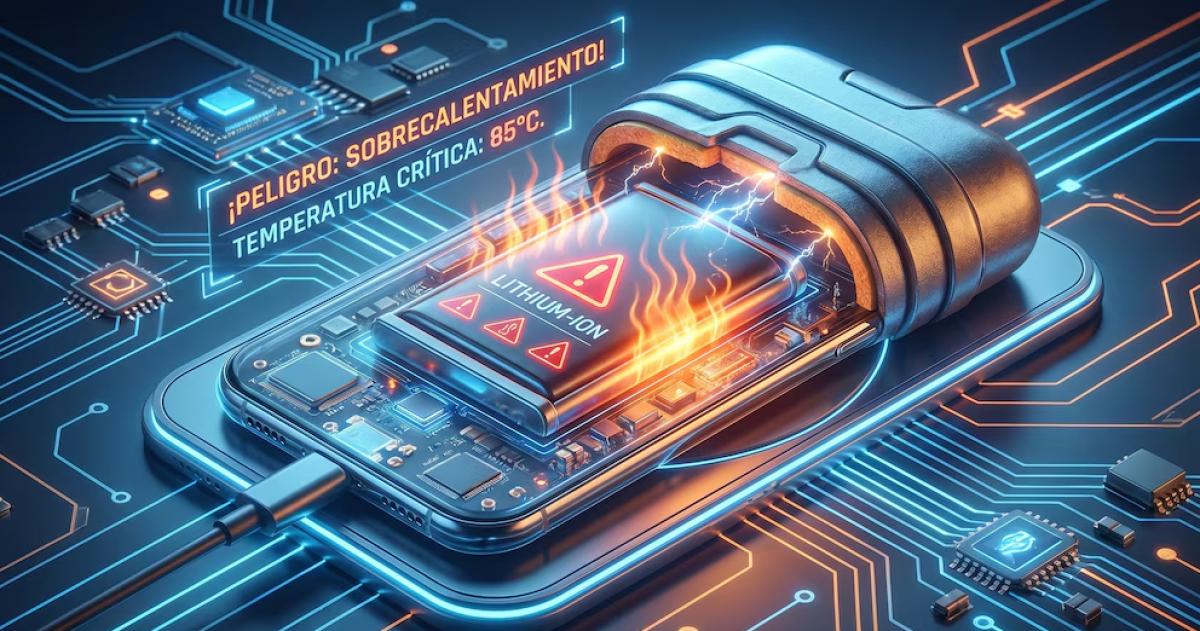 Una batería de ion de litio dentro de un celular sobrecalent�ndose peligrosamente a 85°C durante la carga