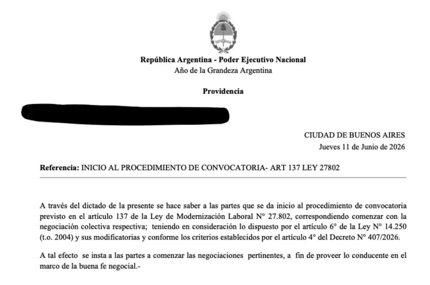 Una copia de carta notificación que llegó a uno de los gremios- debe resolver paritaria o vuelve a convenio base