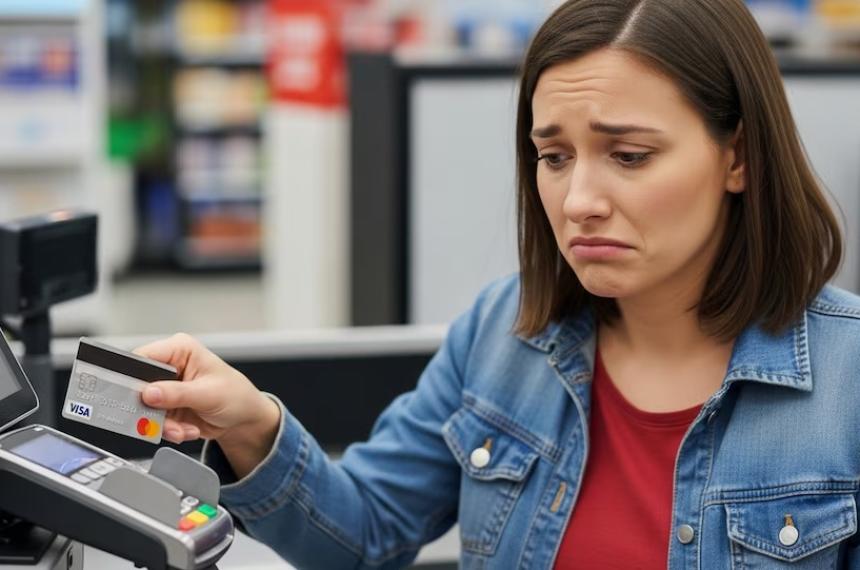 Una persona con expresión de preocupación paga con tarjeta de crédito en un establecimiento comercial reflejando el impacto económico en los consumidores