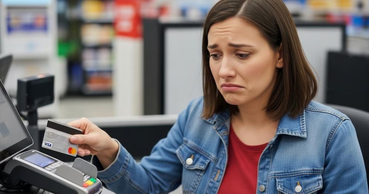 Una persona con expresión de preocupación paga con tarjeta de crédito en un establecimiento comercial reflejando el impacto económico en los consumidores