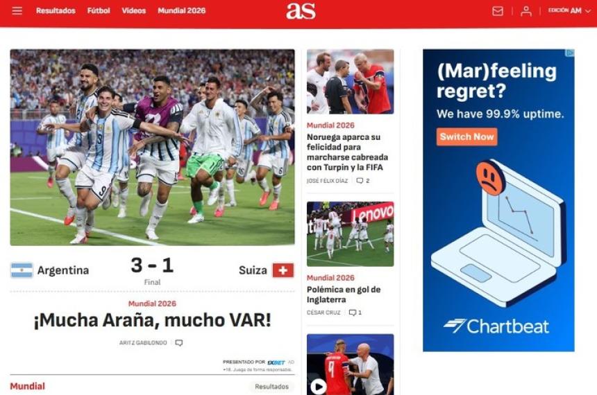 El diario As expresando la tirria española contra la Selección