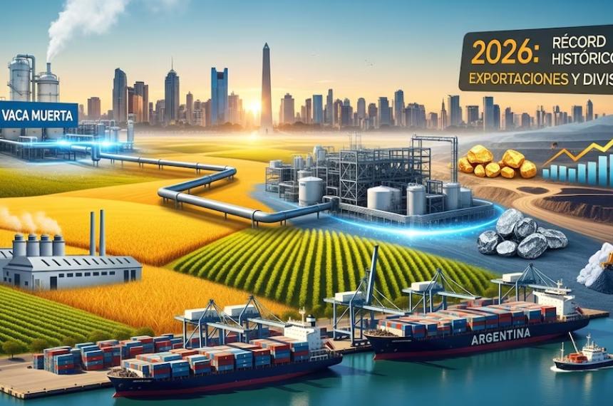 Una representación visual de los sectores productivos de Argentina incluyendo Vaca Muerta minería y agroindustria que impulsa el récord histórico de exportaciones y divisas proyectado para 2026