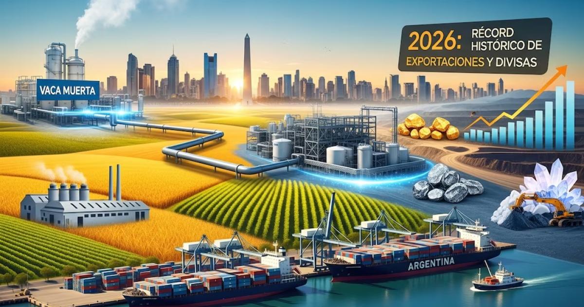 Una representación visual de los sectores productivos de Argentina incluyendo Vaca Muerta minería y agroindustria que impulsa el récord histórico de exportaciones y divisas proyectado para 2026