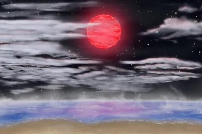Representación artística de la vista desde la superficie del exoplaneta supertierra GJ 3378b ubicado en la zona habitable