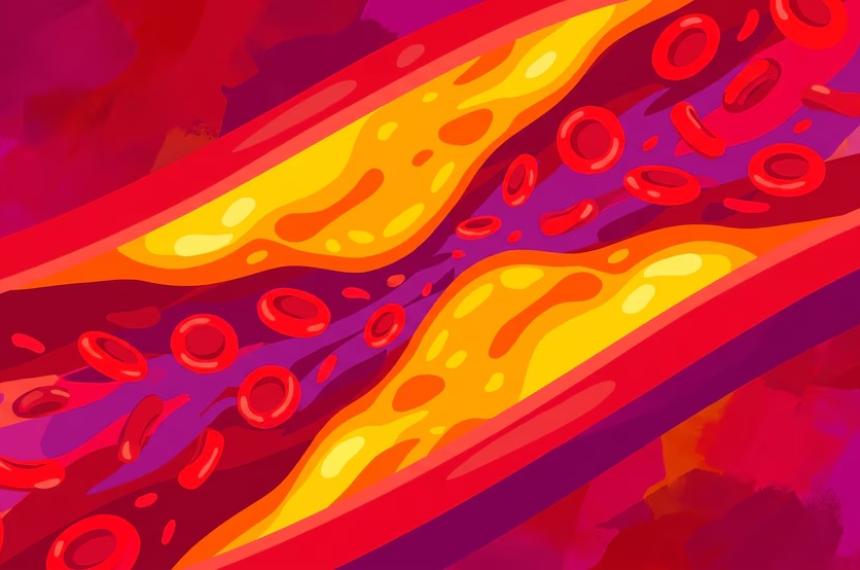 Una arteria ilustra el flujo sanguíneo obstruido por la acumulación de colesterol en sus paredes con glóbulos rojos que viajan a través de ella