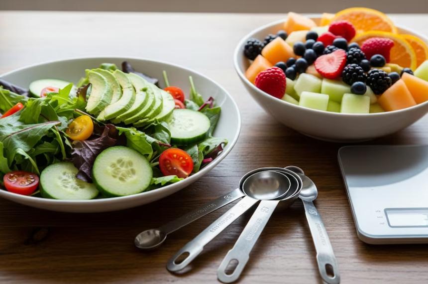 Platos con ensalada de hojas verdes y fruta fresca cortada se acompañan de cucharas medidoras y una balanza para el control de la alimentación