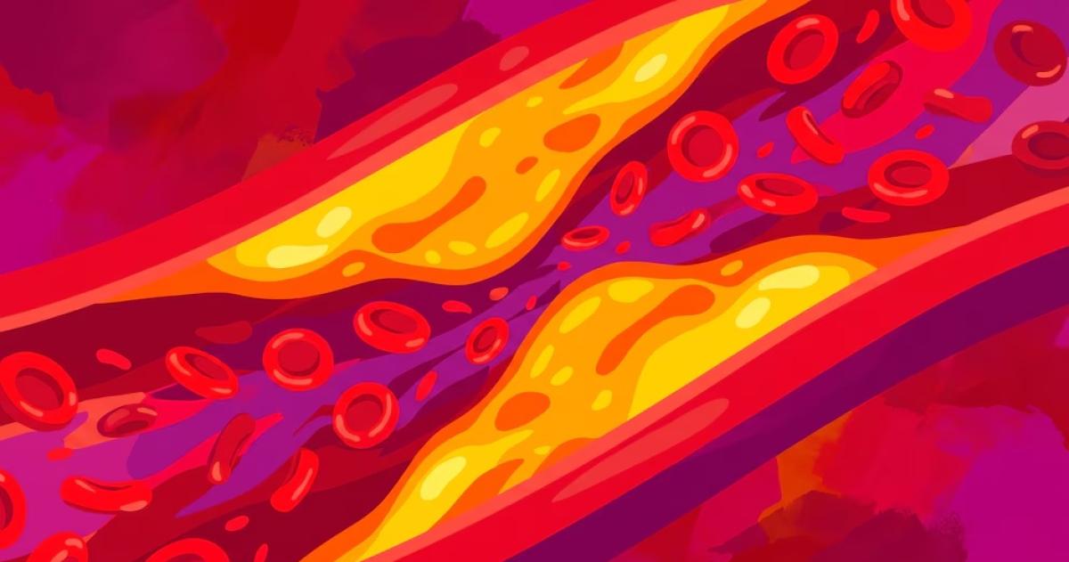 Una arteria ilustra el flujo sanguíneo obstruido por la acumulación de colesterol en sus paredes con glóbulos rojos que viajan a través de ella