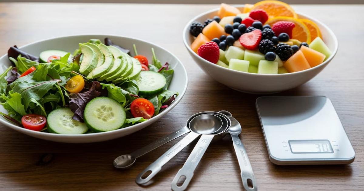 Platos con ensalada de hojas verdes y fruta fresca cortada se acompañan de cucharas medidoras y una balanza para el control de la alimentación