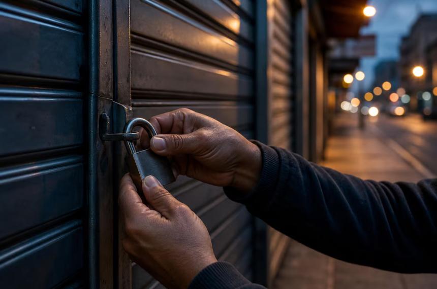 Un comerciante asegura el candado de la persiana met�lica de su negocio como medida de resguardo y protección al atardecer